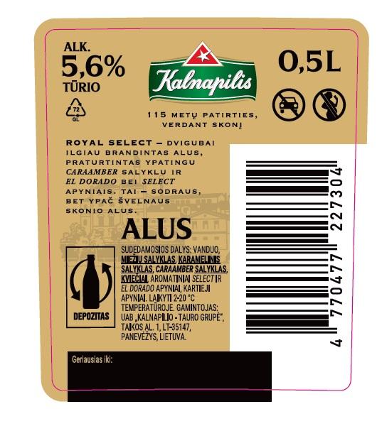 Prekės ženklas: Kalnapilis 115 METŲ PATIRTIES, VERDANT SKONĮ ROYAL SELECT ALUS